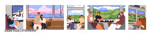 Tourists travel by train. Passengers in railway journey, relaxing in trip. People on seats, looking out window at landscapes, mountains, sea, fields sceneries, nature views. Flat vector illustrations