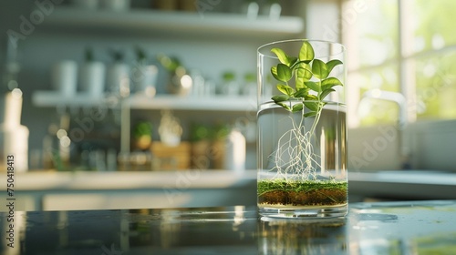3D render of a beaker containing a water plant submerged roots visible placed on a laboratory counter