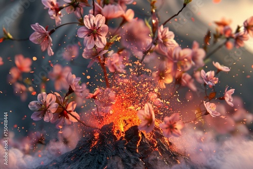 3D render of a closeup view of a volcanic vent from which a powerful blast of cherry blossoms and lotus flowers emerges photo