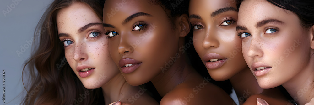 Portrait of diverse group of beautiful women with natural beauty and glowing smooth skin Portrait of diverse group of beautiful women with natural beauty and glowing smooth skin