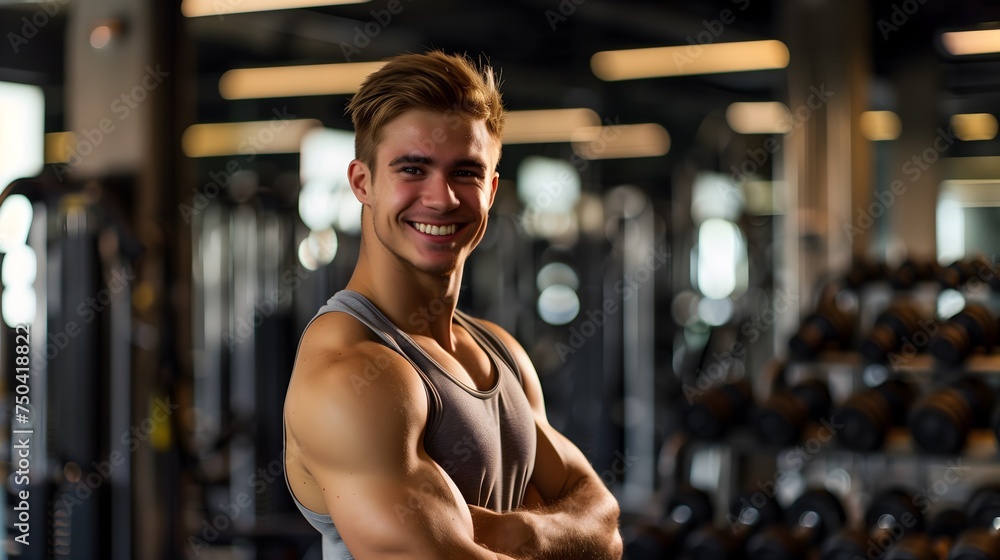 Fototapeta premium American Male Personal Trainer Smiling with Gym Background