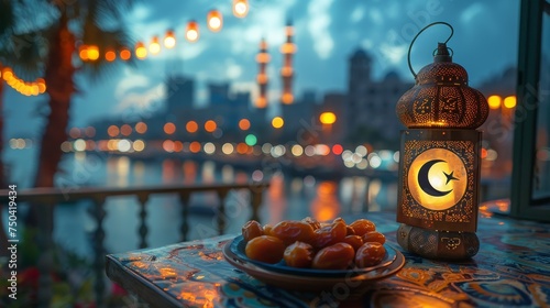For the Muslim feast of Ramadan Kareem, the lantern has a moon symbol on top and a small plate with dates fruit on the table. The background has bokeh lights from the city and a night sky. © Diana