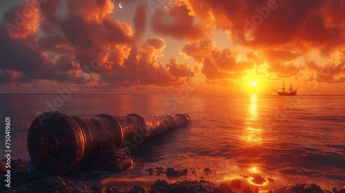 This is a Ramadan concept with a Ramadan kareem cannon and crescent in a dusk sky at sunset with the moon in the clouds