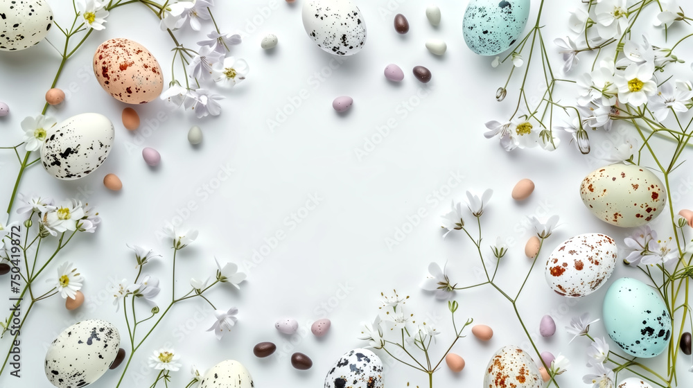 colorful pastel Easter quail eggs and springtime flowers over wh