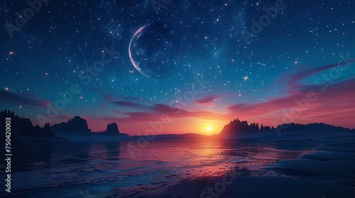 Starry sky at night, islamic night, sunset wallpaper photo