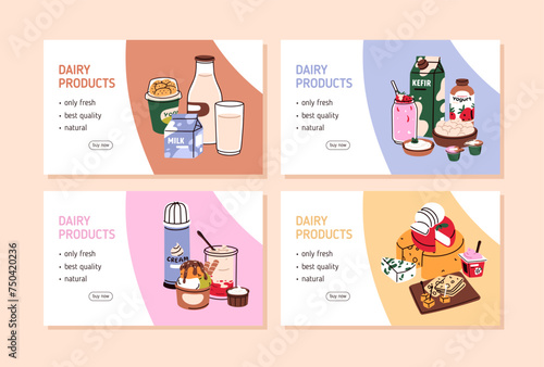 Dairy products, web page background templates set. Webpage design, ad banner with milk, cottage cheese, yogurt, icecream. Fresh natural food, promo landing pages layouts. Flat vector illustrations