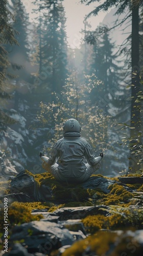 cinematic front wide shot of a cosmonaut in a meditation center in the woods ultra realistic studio frost frame lighting UHD 8K