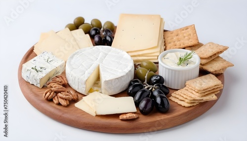 Cheese plate with camembert, brie, Gorgonzola, parmesan, olives, nuts and crackers. Isolated on white background