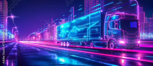 Logistics concept container truck intercity transportation Futuristic city neon technology background