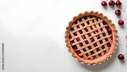 Cherry pie on a white wooden background with place for text. Tart with a cherry. View from above. Layout