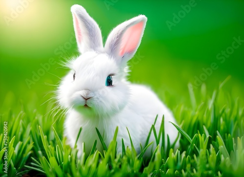 A cute little white rabbit on the green grass