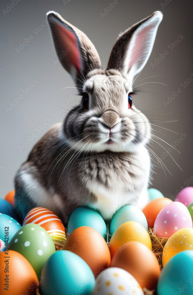 Modern easter bunny with colorful easter eggs