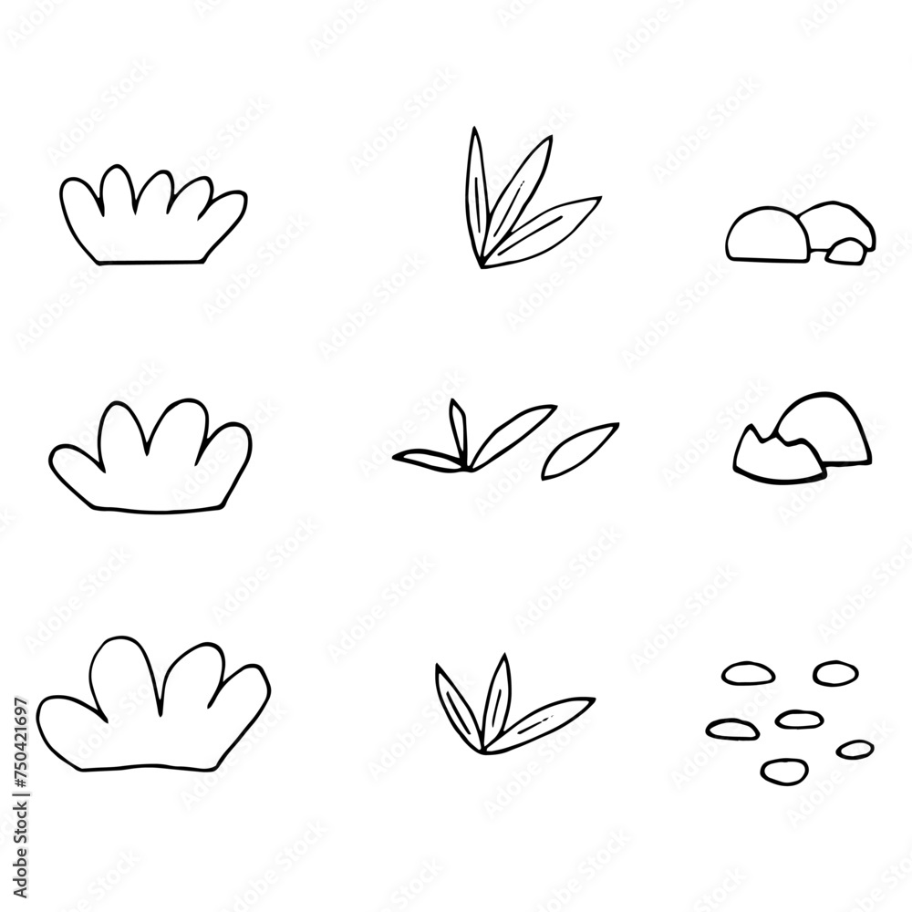 Fototapeta premium grass and stones set hand drawn in doodle style.