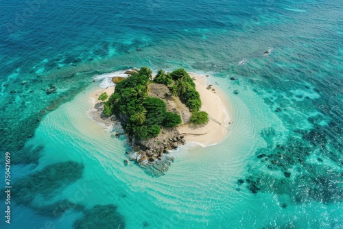 Aerial view of a tropical island with a beach and a thatched hut
