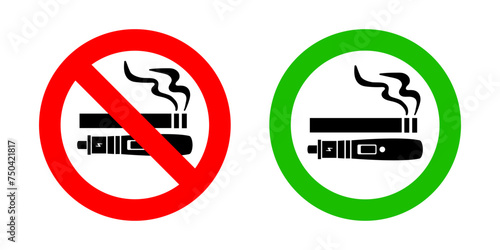 No smoking no vaping and smoking area sign set. Forbidden sign icon isolated on white background vector illustration. Cigarette, vape in prohibition circle and green allowed area.