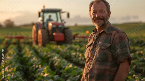 Proud Middle-aged Farmer Poses with Tractor in Lush Field, Displaying Competence. Concept Agriculture, Farmer Lifestyle, Tractor, Field, Competence