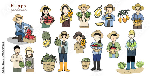 Man and woman with fresh vegetables and fruits isolated on white. Farmers and gardeners doing job. Hand drawn style vector illustration.