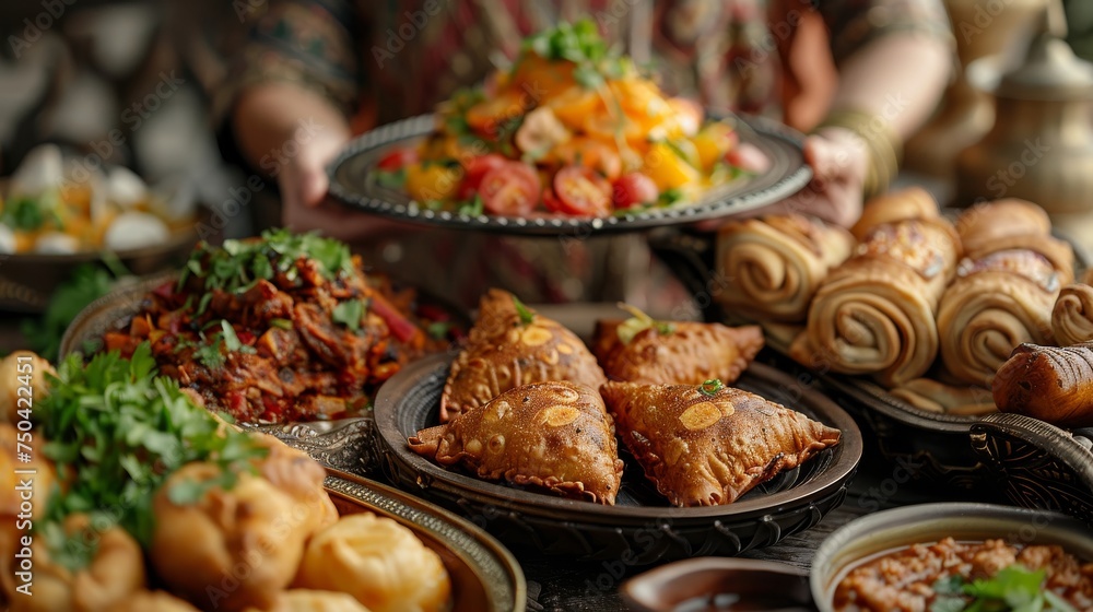 Authentic local homemade traditional meals in traditional dishes. Woman hands man a plate of fried samosas.