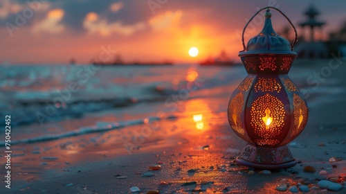 During sunset, a Ramadan lantern is placed on the beach in the shape of a crescent moon, a concept image inspired by Islam in 2024, a background for the Eid Mubarak greeting