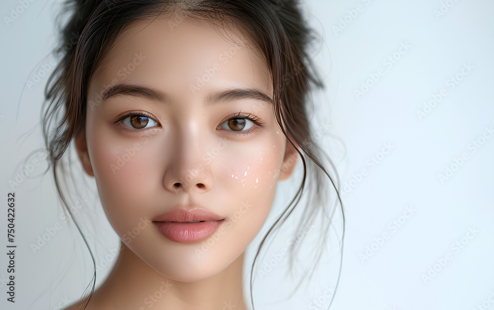 A radiant close-up of a woman with sparkling cheeks, a warm smile, and soft, brown eyes , young Asian model A radiant close-up of a woman with sparkling cheeks, a warm smile, and soft, brown eyes , young Asian model