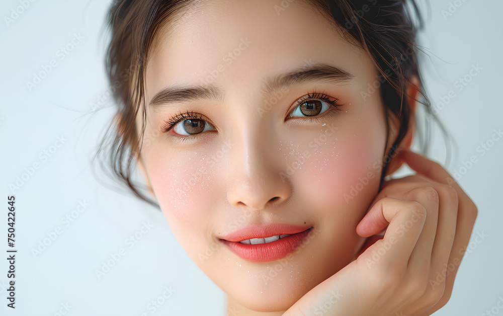 Obraz premium A radiant close-up of a asian woman with sparkling cheeks, a warm smile, and soft, brown eyes , young Asian model