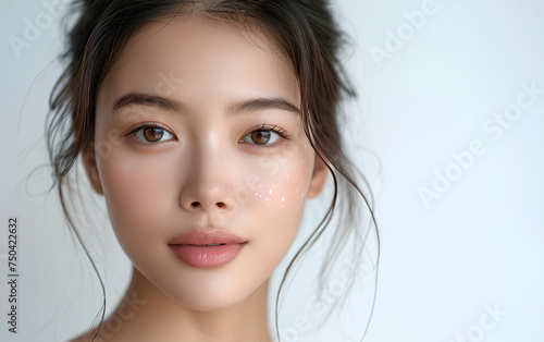 A radiant close-up of a woman with sparkling cheeks, a warm smile, and soft, brown eyes , young Asian model