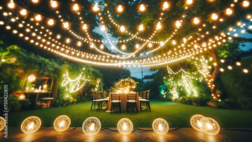 outdoor party scene at dusk with string lights crisscrossing above a backyard photo