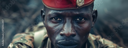 A solider portrait in battle field, close up shot.