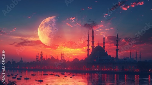 Background for the Ramadan Kareem prayers. Crescent moon on the mosque's roof