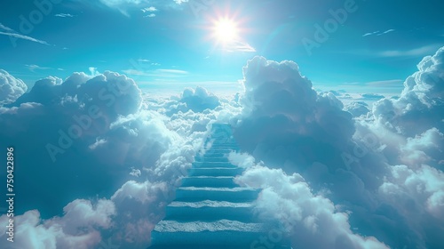 The Stairway to Heaven. Concept with sun and white clouds. Background with religion concept.