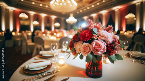 beautifully decorated dining table at a wedding venue, focusing on a vase filled