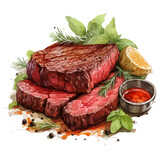 Watercolor vector of a Grilled beef steak with rosemary, isolated on a white background, Drawing clipart, Illustration & painting Graphic.
