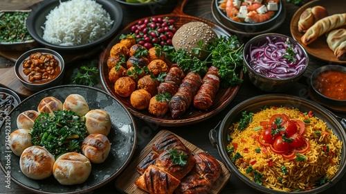 It's also Ramadan "Iftar" - a meal eaten by Muslims after sunset during Ramadan. Assorted Egyptian oriental dishes. Top view for copy.