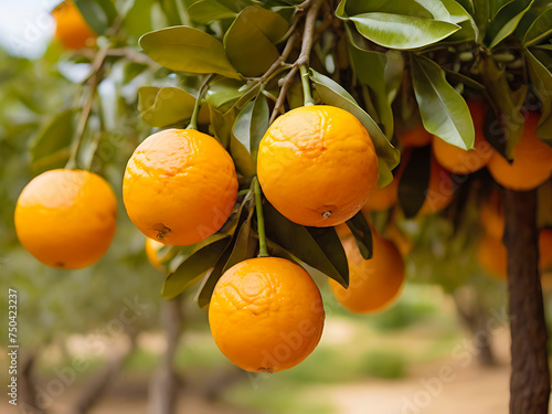 Bunch of fresh ripe oranges hanging on a tree. generative AI