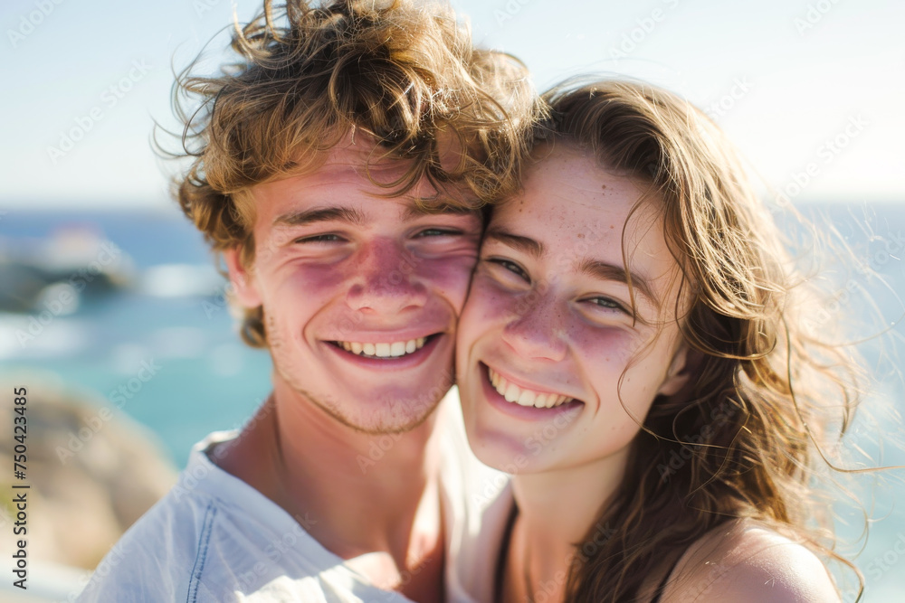joyful portrait of a young couple by the sea joyful portrait of a young couple by the sea