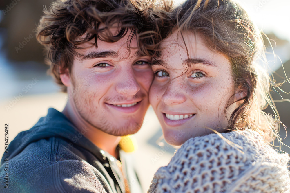 joyful portrait of a young couple by the sea joyful portrait of a young couple by the sea
