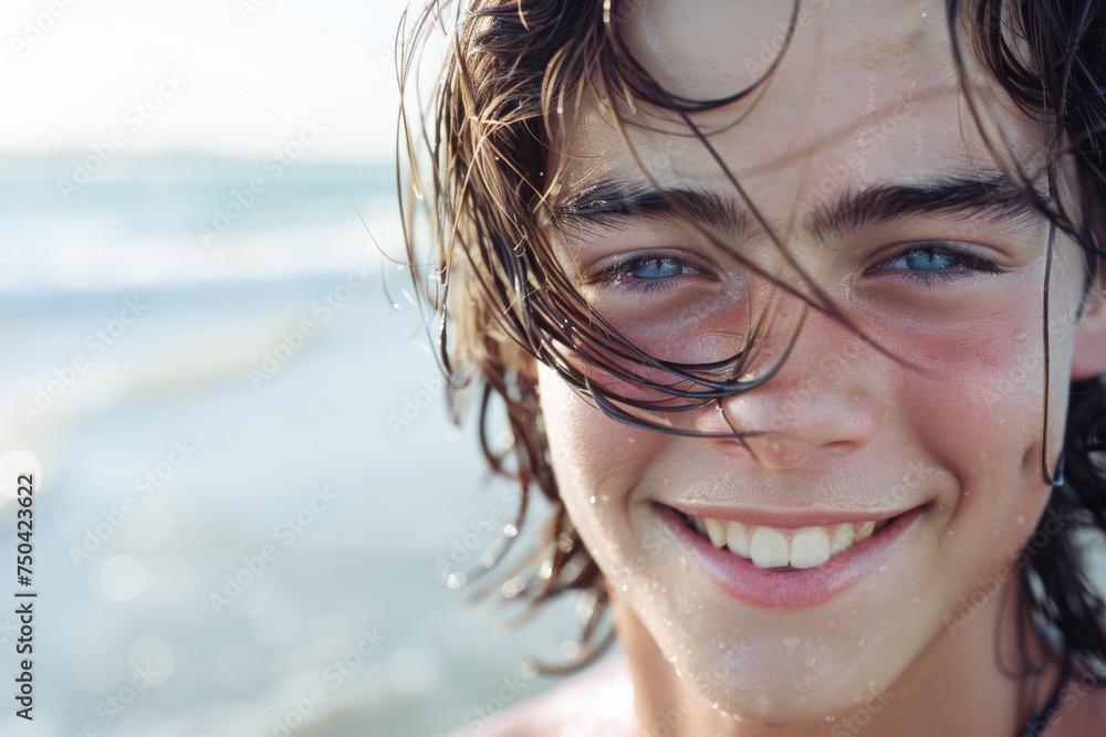 joyful portrait of a man by the sea with wet hair joyful portrait of a man by the sea with wet hair