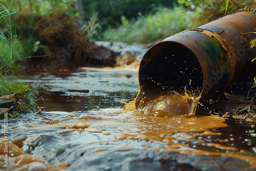 Wallpaper Mural water waste flowing into the river, Environmental damage concept, Industrial and factory brown wastewater murky discharge pipe into wild river, dirty water pollution Torontodigital.ca