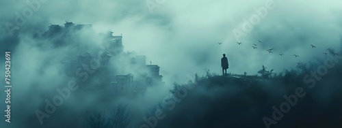 A man standing in mist town photography.
