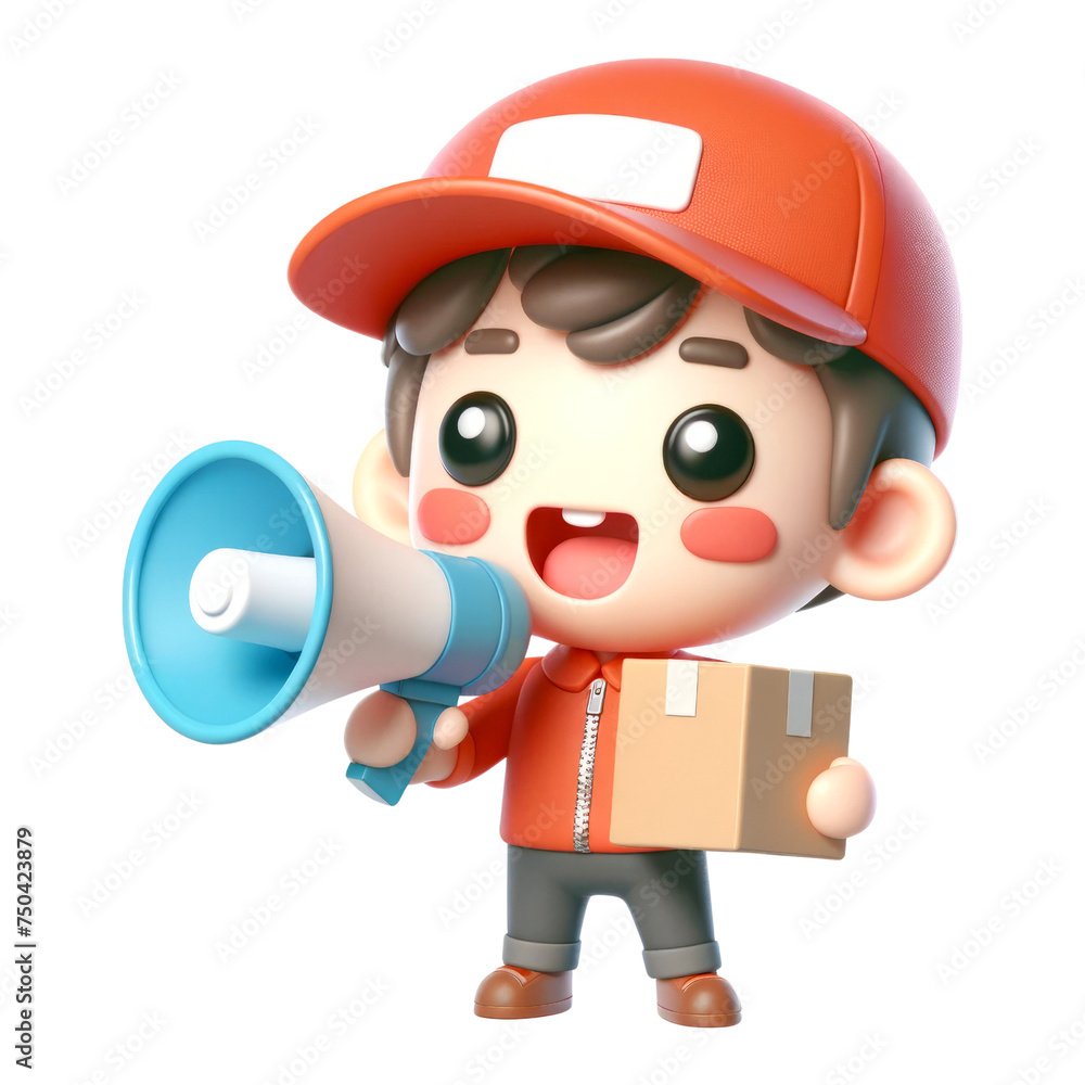 Fototapeta premium 3d cute delivery man holding a megaphone and shouting, 3d clipart, 3d character. 