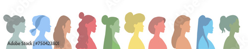 Grupo de mujeres diferentes en colores y tamaños. Fondo transparente. Perfil multiétnico de personas de colores. photo