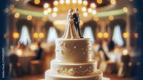 A beautifully decorated wedding cake topped with cute figures of two charming women in dresses photo