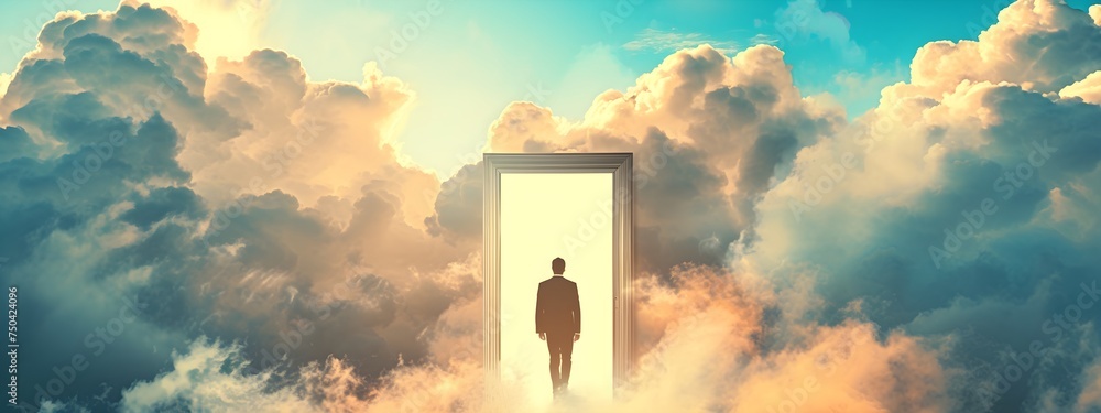 A Surreal photography Light pours through a heavenly doorway in the sky, banner wallpaper background - obrazy, fototapety, plakaty 