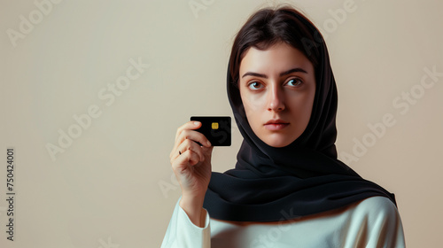 Jeune femme voilée tenant une carte bancaire photo