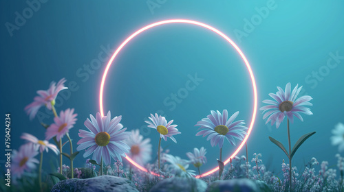 Daisies bloom under the ethereal glow of a neon circle  creating a magical nighttime atmosphere