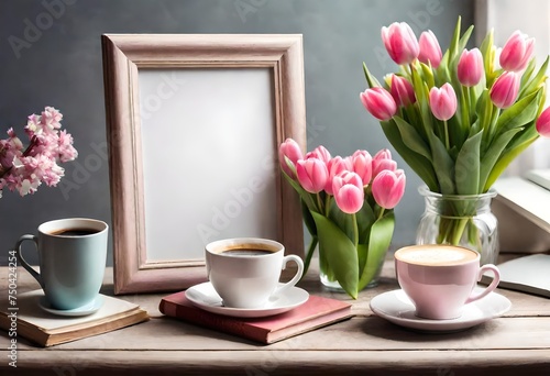 cup of coffee and tulips with frame on wooden table