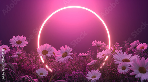 Daisies bloom under the ethereal glow of a neon circle, creating a magical nighttime atmosphere