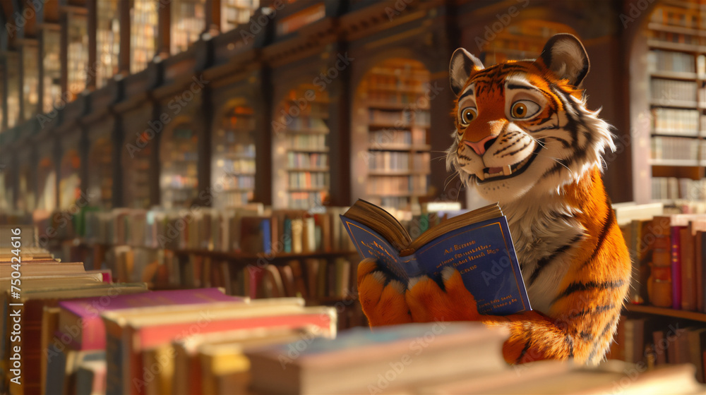 A tiger is selecting a book in a vast library