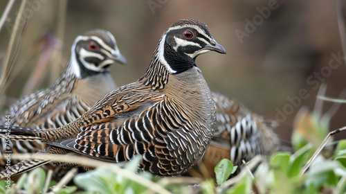 Quails with striking facial markings forages among autumn leaves.