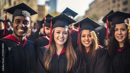 A group of happy students wearing graduation caps and gowns.